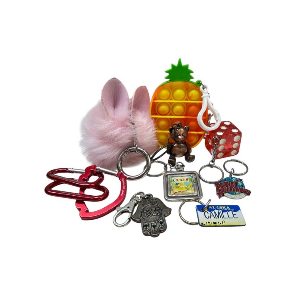 Lot of 9 Assorted Keychains Key Rings Clips Pineapple Fuzzy Dice Cancun